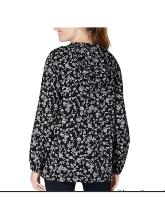 J. Jill Fit On-The-Go Zip Front Hooded Jacket size M Wind Breaker Black Floral - Picture 2 of 12